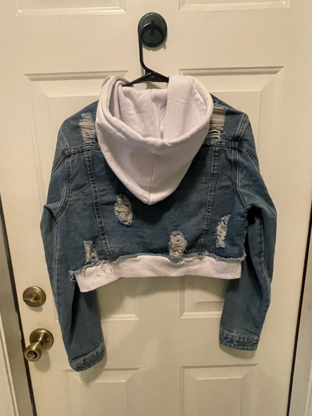 American Bazi Distressed Light Blue Denim Jacket with White Hoodie - Picture 5 of 6